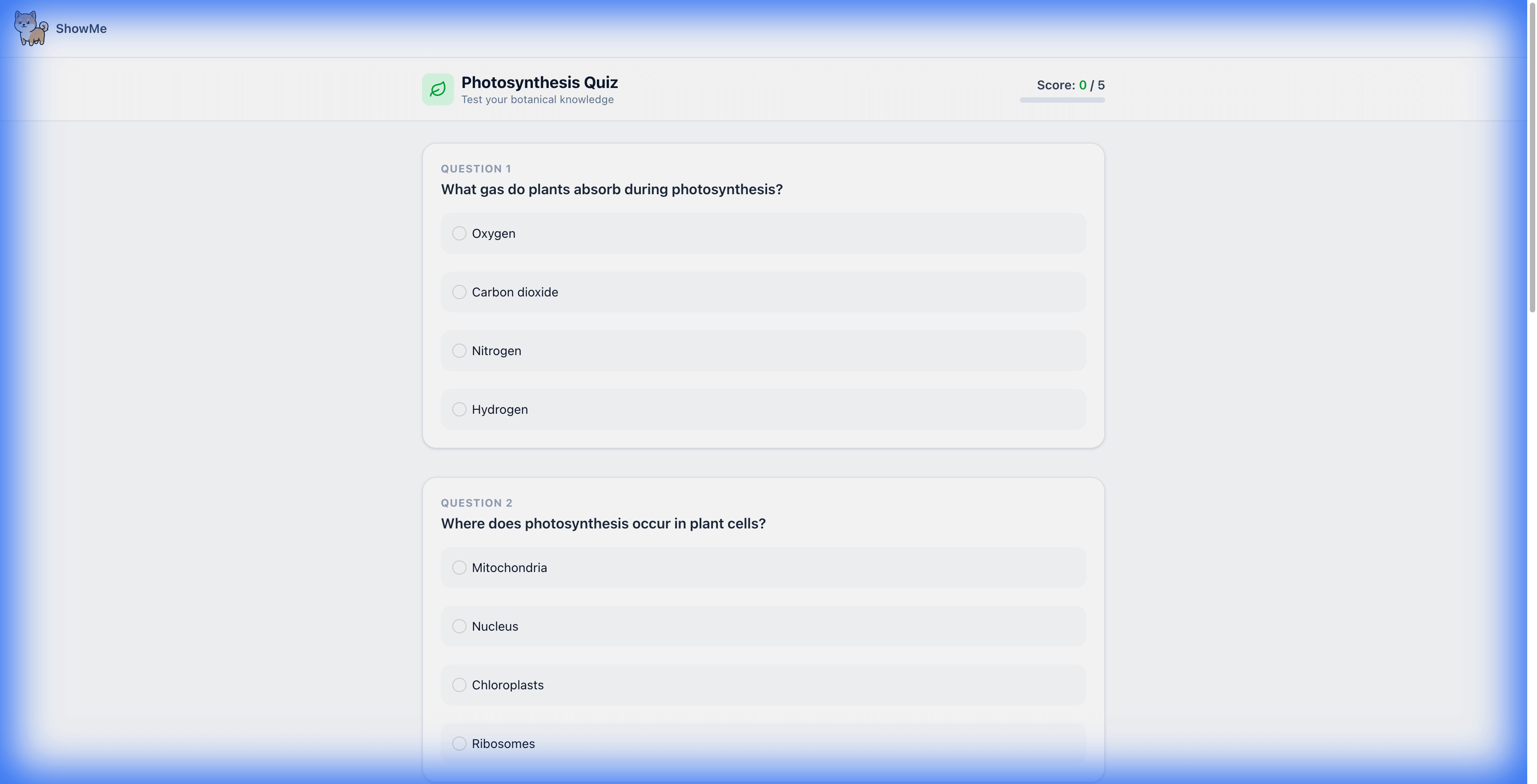 Quiz me on photosynthesis